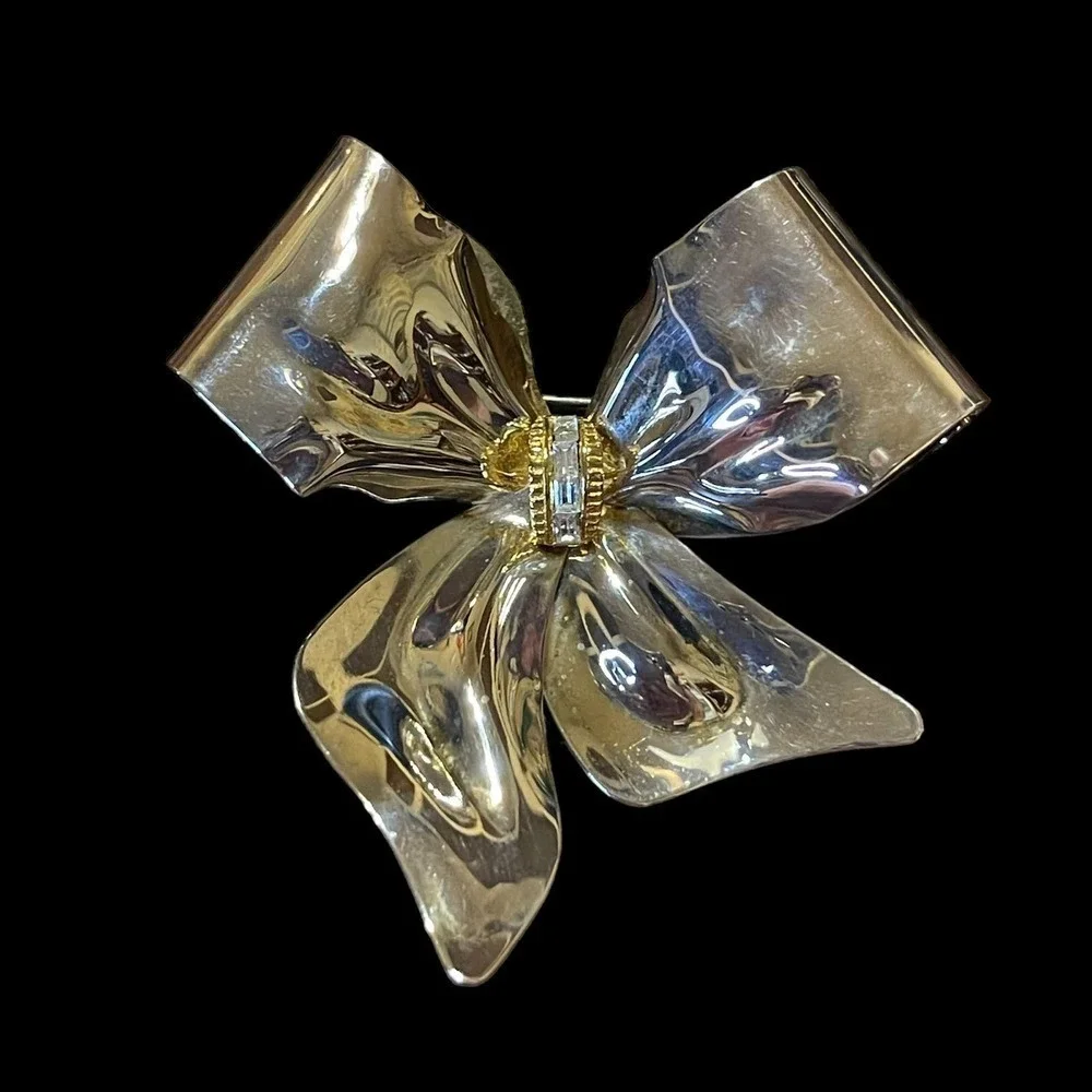 Tona Investments Silver Tone Gold Tone TrimBaguette Rhinestone Bow Brooch Pin